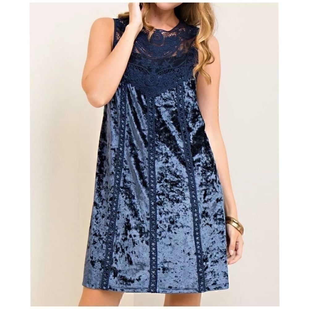 NEW Entro | Blue Crushed Velvet & Lace Dress Sz S